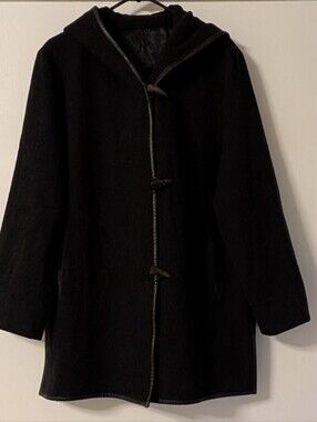 Vintage Fleurette Camel Hair Coat Hood Satin Lined Pockets Leather Trim Size 10